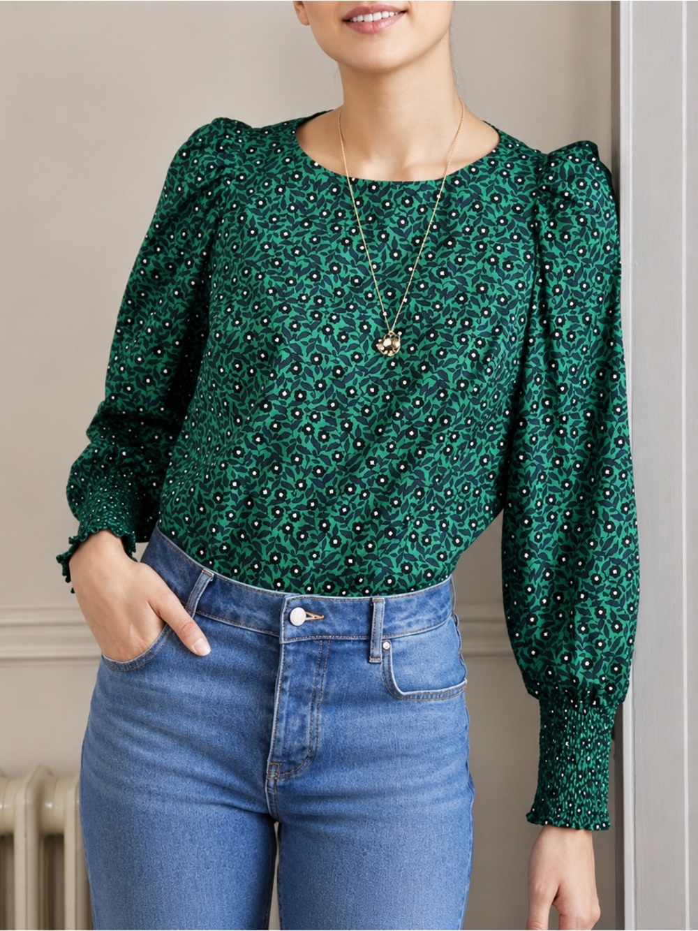 Boden Green Floral Puff-Sleeve Blouse